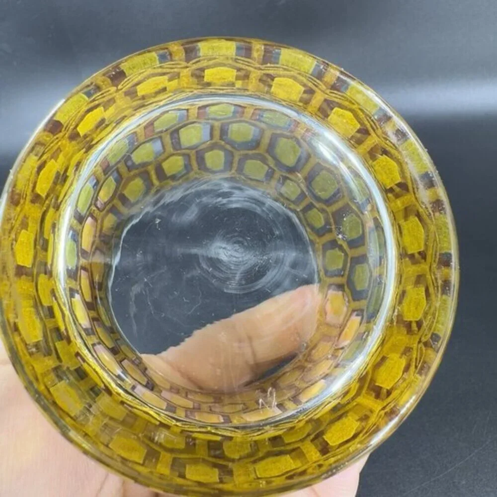 West Virginia Glass Madrid Gold Embossed Hexagon Old Fashioned Glasses Cup Set 2